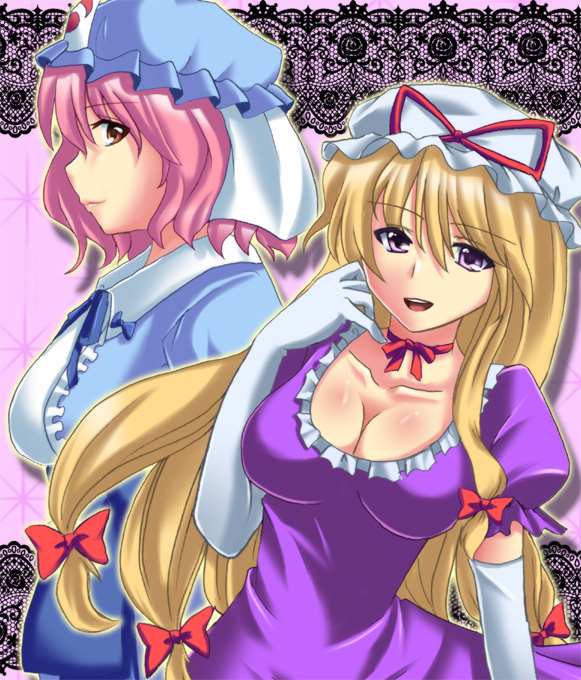 ayase aria, saigyouji yuyuko, yakumo yukari, touhou, 2girls, blonde hair, breasts, brown eyes, cleavage, female focus, large breasts, multiple girls, pink hair, purple eyes
