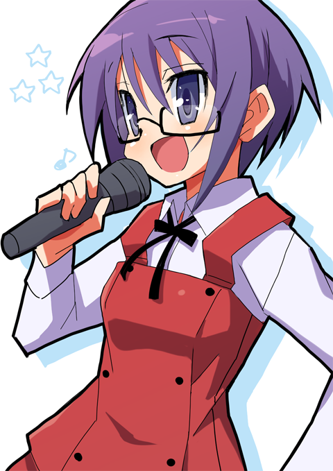 9law, sae (hidamari sketch), hidamari sketch, bad id, bad pixiv id, 00s, 1girl, blue eyes, female focus, glasses, microphone, music, musical note, purple hair, school uniform, singing, solo, star (symbol), white background, yamabuki high school uniform