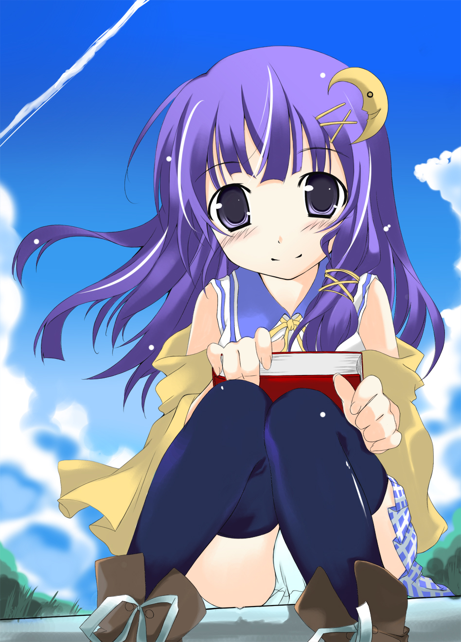 kusano (torisukerabasu), patchouli knowledge, touhou, highres, 1girl, alternate costume, crescent, crescent hair ornament, female focus, hair ornament, panties, school uniform, solo, thighhighs, underwear