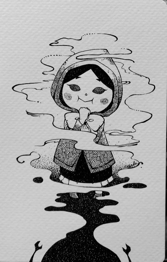 kandori makoto, nintendo, the legend of zelda, the legend of zelda: phantom hourglass, traditional media, 1girl, blush stickers, bow, dress, fog, greyscale, hood, hood up, monochrome, smile, solo, standing