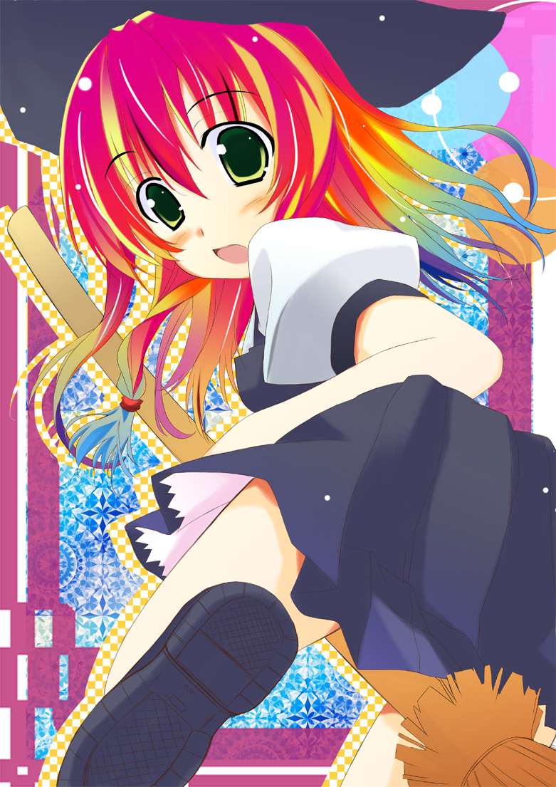 kusano (torisukerabasu), kirisame marisa, touhou, bad id, 1girl, ass, blonde hair, blush, broom, broom riding, female focus, from behind, green eyes, hat, long hair, looking at viewer, multicolored hair, puffy short sleeves, puffy sleeves, red hair, short sleeves, solo, tareme, witch hat