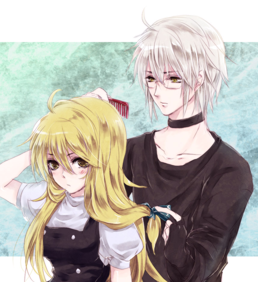 outlaw, unabara misumi, kirisame marisa, morichika rinnosuke, curiosities of lotus asia, touhou, silver hair, bad id, bad pixiv id, 1boy, 1girl, :/, ahoge, blonde hair, blush, bow, bridal gauntlets, casual, choker, comb, glasses, hair bow, hairdressing, long hair, looking afar, ribbon, sweater, yellow eyes