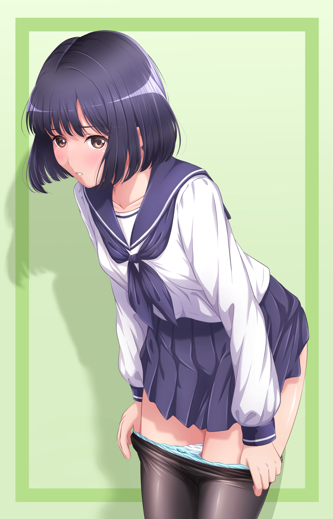 akippoi 0919, original, commentary request, highres, variant set, 1girl, aqua panties, arms at sides, black hair, black pantyhose, blue neckerchief, blue sailor collar, blue skirt, bob cut, border, brown eyes, clothes pull, green background, green border, leaning forward, long sleeves, looking at viewer, miniskirt, neckerchief, outside border, panties, panty pull, pantyhose, pantyhose pull, parted lips, pleated skirt, pulling own clothes, sailor collar, school uniform, serafuku, shadow, shirt, short hair, simple background, skirt, solo, underwear, white shirt