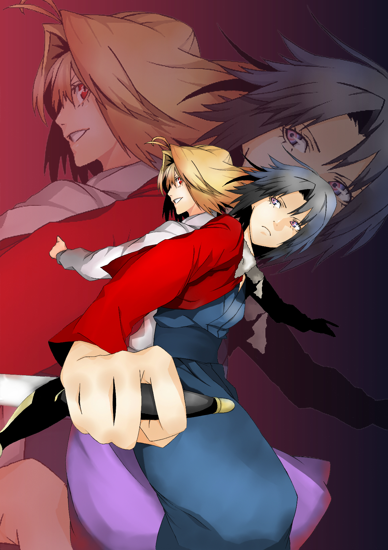 iro marimo, arcueid brunestud, ryougi shiki, kara no kyoukai, melty blood, tsukihime, type-moon, bad id, bad pixiv id, highres, 00s, 2girls, blonde hair, crossover, jacket, knife, multiple girls, red eyes, red jacket, reverse grip, short hair, sweater, zoom layer