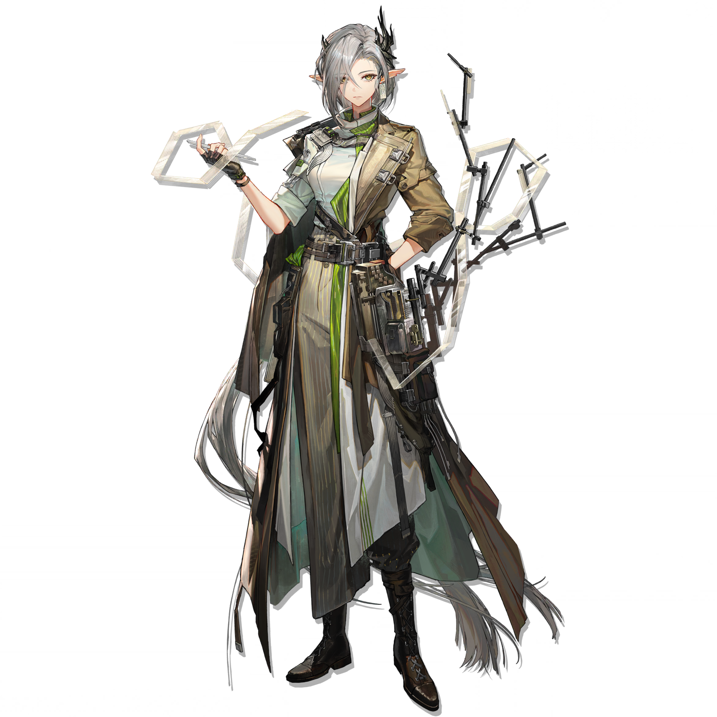 nasti (arknights), arknights, highres, official art, 1girl, green eyes, grey hair, hair over one eye, hand in pocket, pants, pointy ears, short hair, simple background, solo