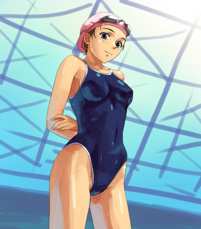 tani, brown eyes, brown hair, from below, goggles, one-piece swimsuit, school swimsuit, solo, swim cap, swimsuit, wet