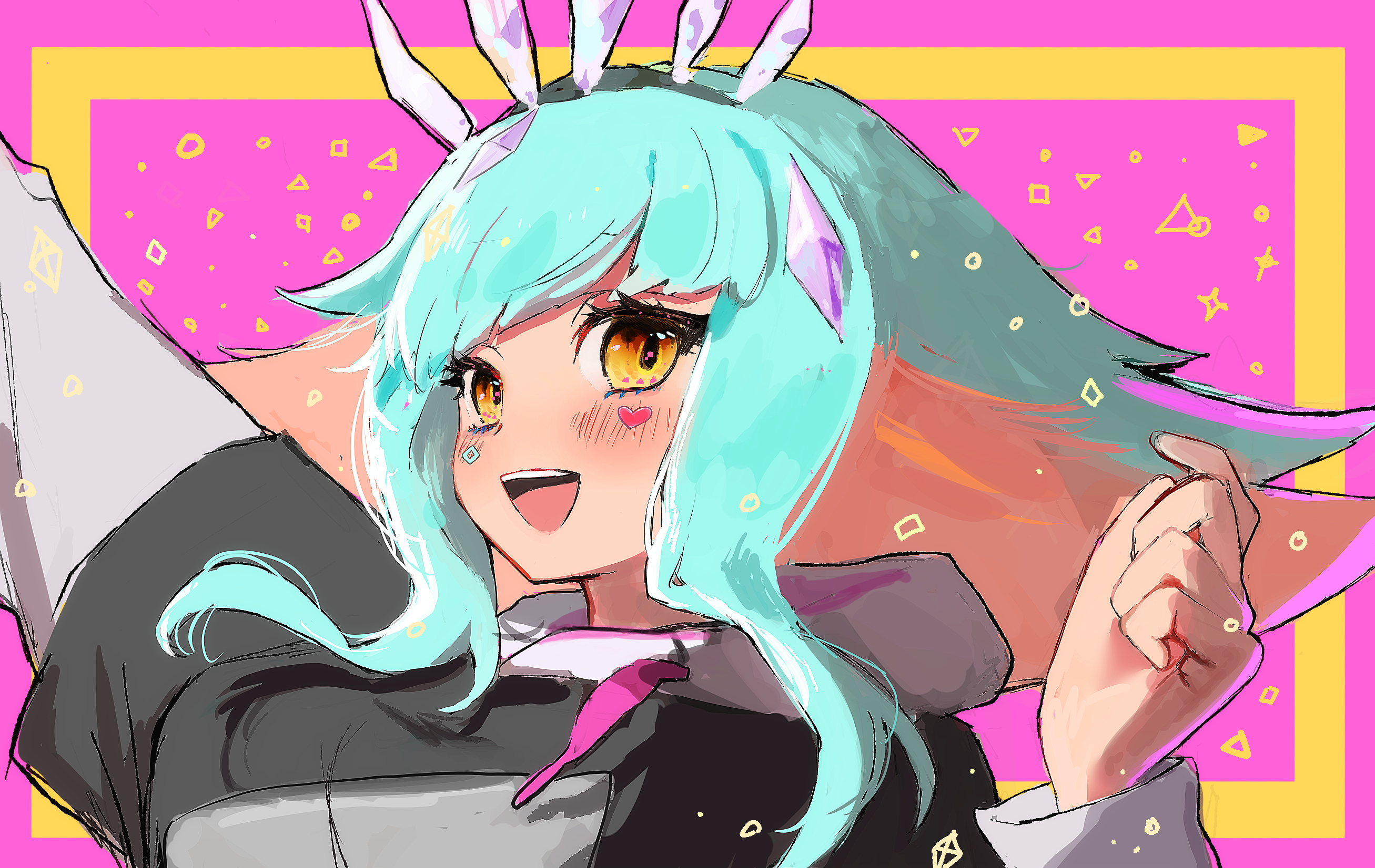 shi to, k/da neeko, neeko (league of legends), league of legends, teamfight tactics, commentary, highres, 1girl, :d, aqua hair, arm up, black hoodie, blush, border, colored inner hair, crystal hair ornament, diamond facial mark, facial mark, hairband, hand up, heart, heart facial mark, hood, hoodie, long sleeves, looking at viewer, multicolored hair, official alternate costume, official alternate hair color, open mouth, orange eyes, outside border, outstretched arm, pink background, pink hair, portrait, sidelocks, smile, solo, teeth, two-tone hair, two-tone hoodie, upper teeth only, white hood, yellow border