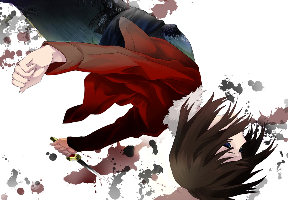 kyo zip, ryougi shiki, kara no kyoukai, bad id, bad pixiv id, 1girl, black hair, blue eyes, female focus, jacket, japanese clothes, kimono, knife, red jacket, reverse grip, short hair, solo