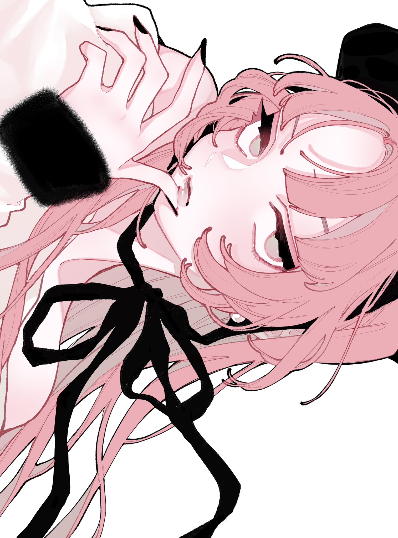 uzcoco 66, highres, 1girl, black hat, black nails, black ribbon, blunt bangs, closed mouth, earrings, eyelashes, fall in love you false angels, hat, jewelry, katsura otogi, long hair, looking at viewer, pearl earrings, pink eyes, pink hair, pink lips, ribbon, simple background, solo, white background