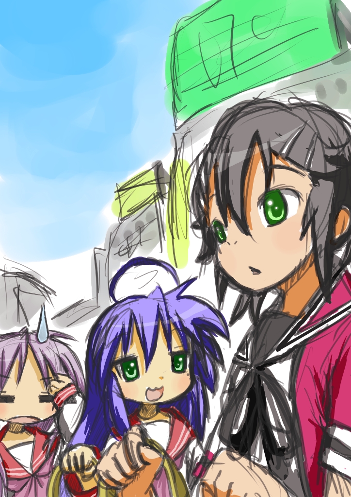kamiyama kenta, hiiragi kagami, izumi konata, kamen rider decade, kamen rider, kamen rider dcd, lucky star, bad id, bad pixiv id, 00s, 3girls, ahoge, crossover, mole, mole under eye, multiple girls, personification, sketch