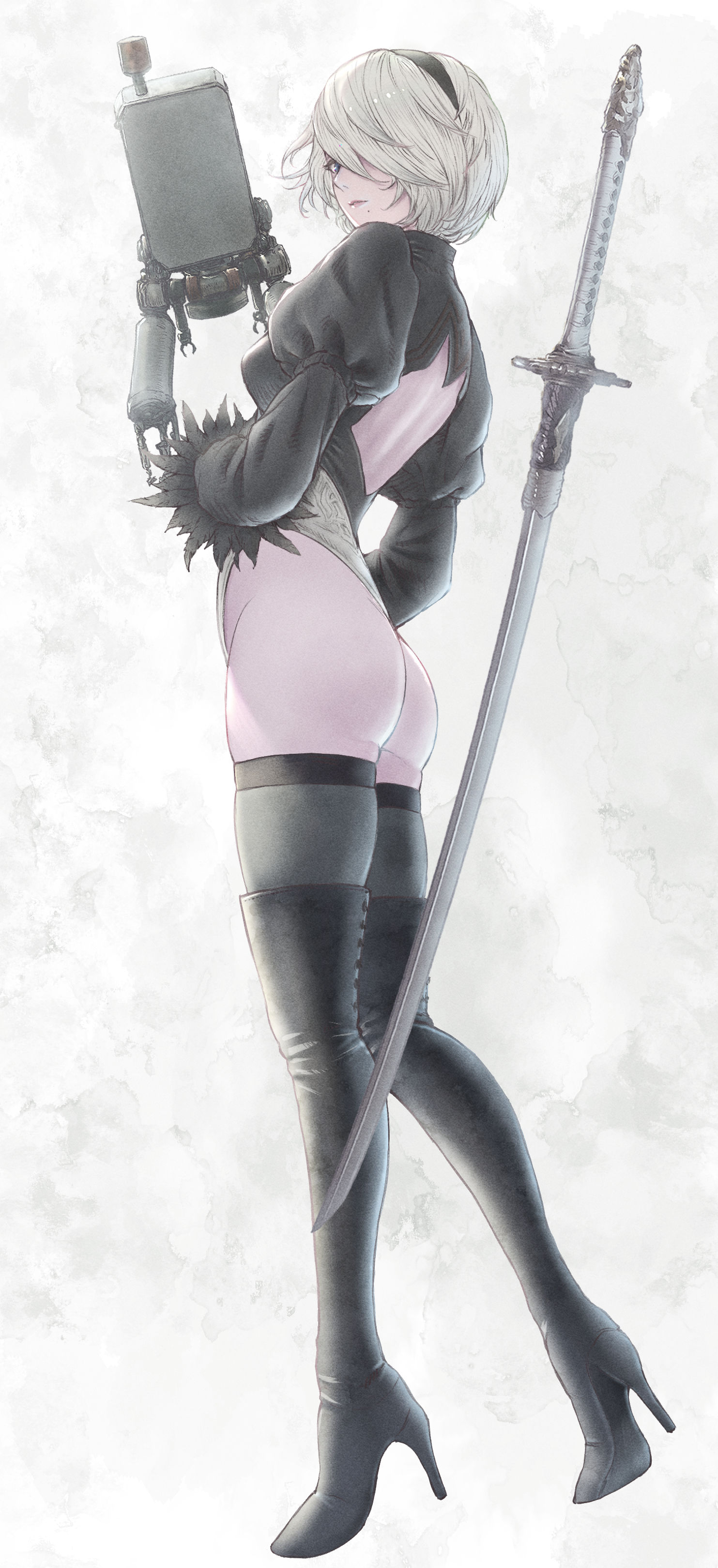 tomozoo83, 2b (nier:automata), pod (nier:automata), nier:automata, nier (series), absurdres, highres, 1girl, ass, back cutout, bare back, black boots, black hairband, black thighhighs, blue eyes, boots, breasts, closed mouth, clothing cutout, feather-trimmed sleeves, from side, full body, hair over one eye, hairband, high heels, highleg, highleg leotard, juliet sleeves, leotard, lipgloss, long sleeves, looking at viewer, looking to the side, mole, mole under mouth, pink lips, puffy sleeves, short hair, solo focus, standing, sword, thigh boots, thighhighs, thighhighs under boots, turtleneck, weapon, white hair, white leotard