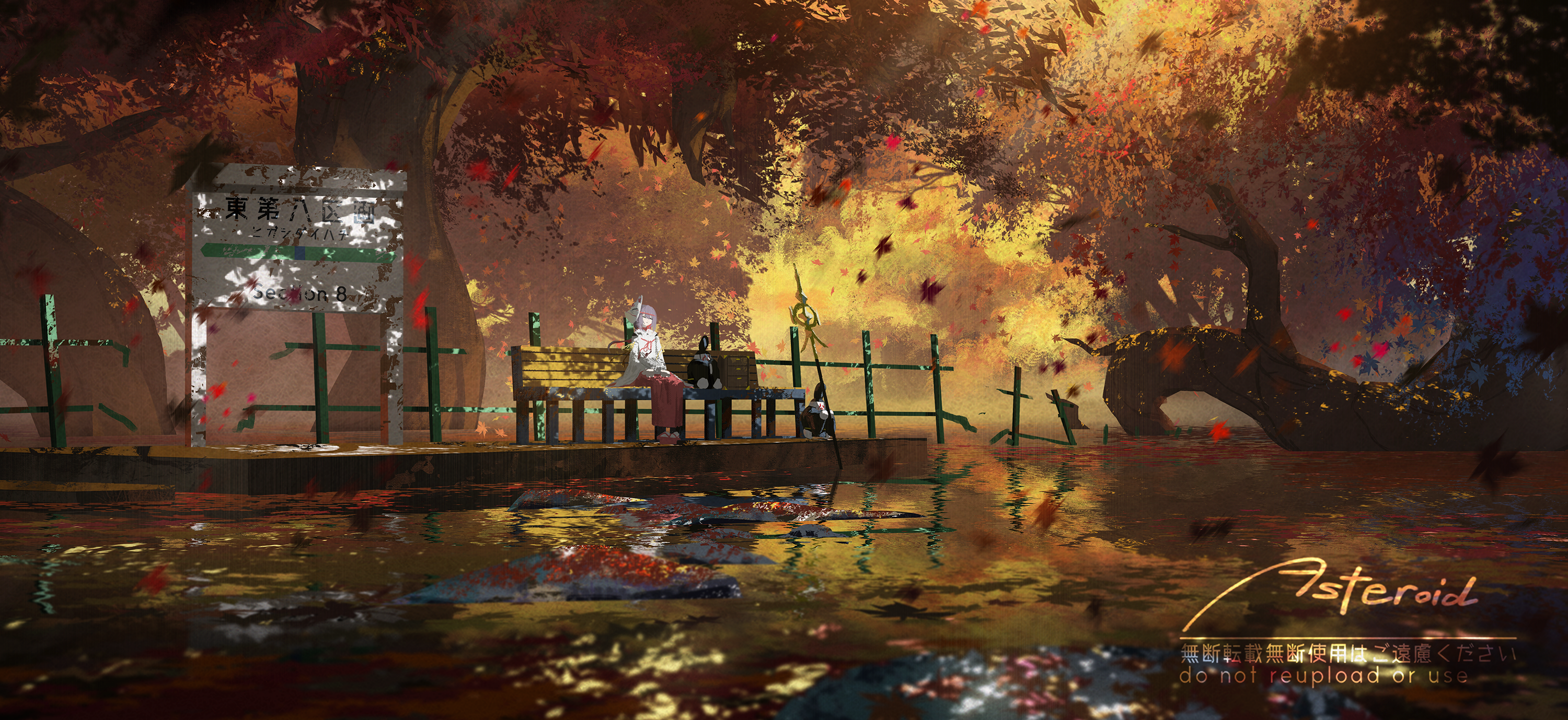 asteroid ill, original, commentary request, highres, 1girl, autumn, autumn leaves, dappled sunlight, day, falling leaves, forest, japanese clothes, leaf, miko, nature, on bench, outdoors, reflection, reflective liquid, river, ruins, scenery, simple background, solo, sunlight, tree, very wide shot, warm colored, water, watermark