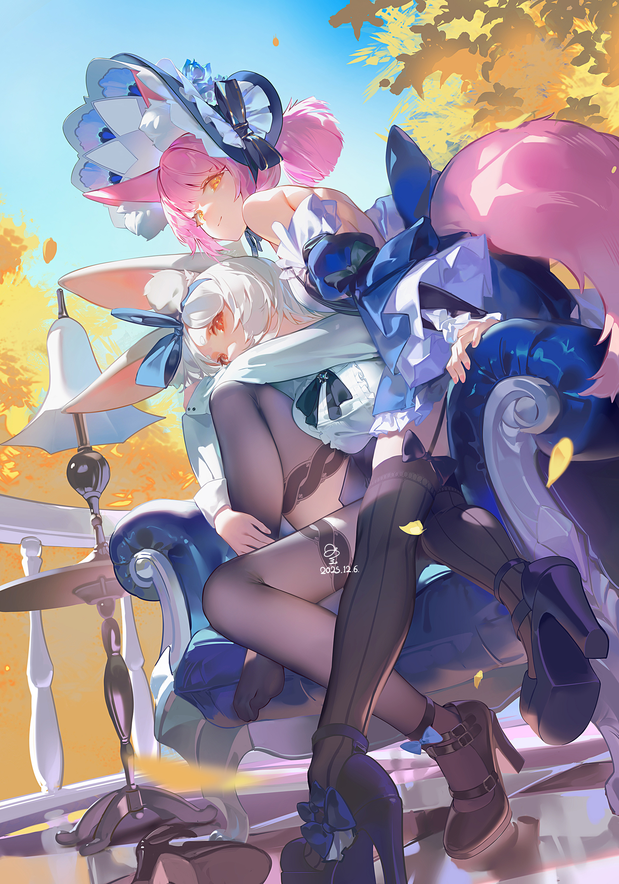 ribao, original, absurdres, highres, 2girls, animal ear fluff, animal ears, black pantyhose, black shoes, black thighhighs, blue dress, bonnet, day, dress, full body, hair ribbon, high heels, multiple girls, orange eyes, outdoors, pantyhose, pink hair, red eyes, ribbon, shirt, shoes, single shoe, tail, thighhighs, white hair, white shirt