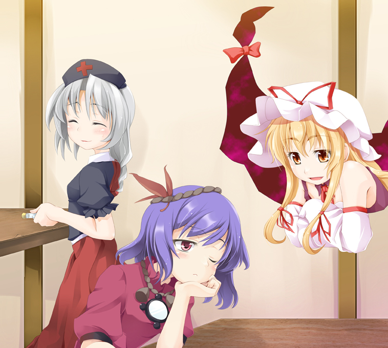 ogami kazuki, yagokoro eirin, yakumo yukari, yasaka kanako, touhou, silver hair, bad id, bad pixiv id, 3girls, blonde hair, braid, detached sleeves, female focus, gap (touhou), hairband, hat, long hair, multiple girls, one eye closed, purple hair, red eyes, rope, short hair, wink, yellow eyes