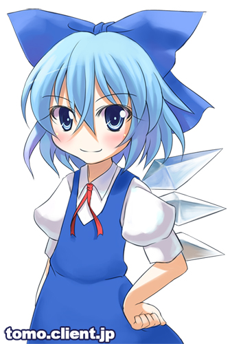 kitahara tomoe (kitahara koubou), cirno, embodiment of scarlet devil, touhou, bad id, bad pixiv id, lowres, 1girl, blue eyes, blue hair, bow, female focus, hand on own hip, hip focus, matching hair/eyes, short hair, solo, wings