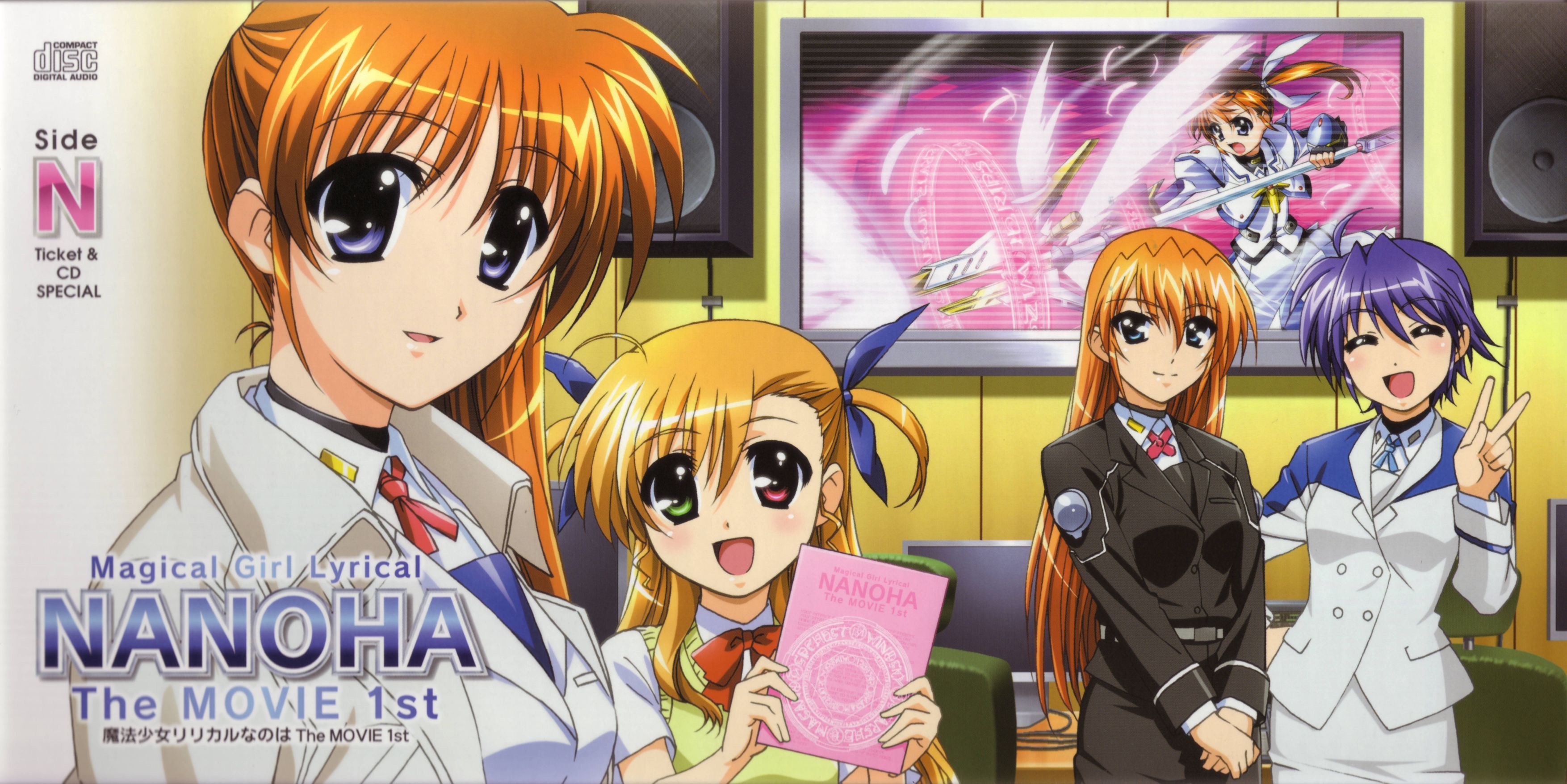 okuda yasuhiro, raising heart, raising heart (cannon mode), subaru nakajima, takamachi nanoha, takamachi nanoha (movie 1st mode), teana lanster, vivio, lyrical nanoha, mahou shoujo lyrical nanoha, mahou shoujo lyrical nanoha strikers, mahou shoujo lyrical nanoha the movie 1st, absurdres, highres, scan, 00s, 10s, 5girls, album cover, blonde hair, blue eyes, blush, brown hair, closed eyes, copyright name, cover, energy wings, fingerless gloves, gloves, green eyes, heterochromia, long hair, magic circle, magical girl, military, military uniform, multiple girls, open mouth, orange hair, pencil skirt, purple eyes, purple hair, red eyes, red hair, short hair, side ponytail, skirt, smile, speaker, staff, television, v, wings