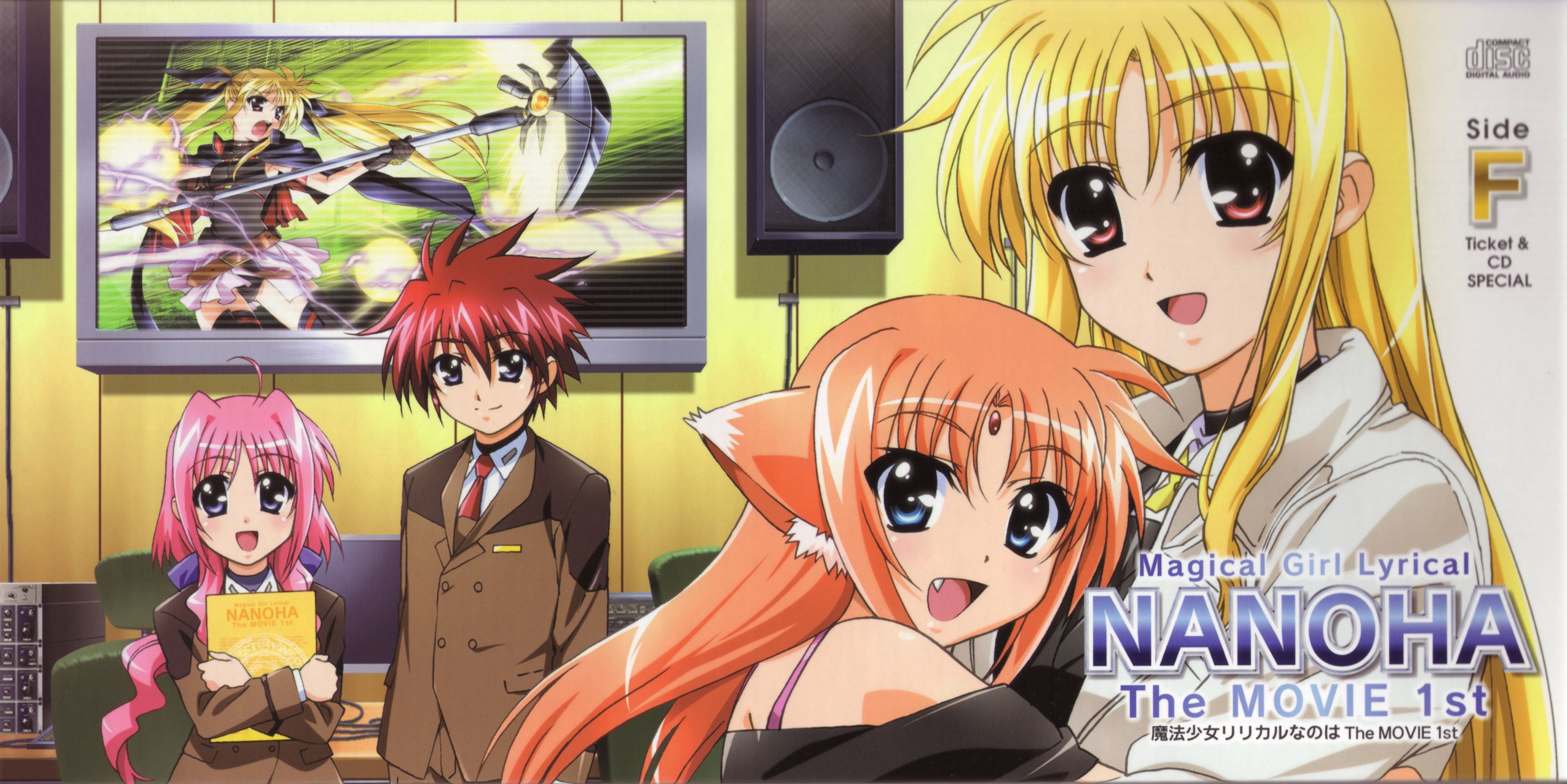 okuda yasuhiro, arf, bardiche (nanoha), bardiche (scythe form) (nanoha), caro ru lushe, erio mondial, fate testarossa, fate testarossa (movie 1st form), lyrical nanoha, mahou shoujo lyrical nanoha, mahou shoujo lyrical nanoha strikers, absurdres, highres, scan, 00s, 1boy, 4girls, ahoge, album cover, animal ears, blonde hair, blue eyes, cape, cover, energy blade, facial mark, fang, forehead jewel, forehead mark, fox ears, gloves, long hair, military, military uniform, multiple girls, open mouth, pink hair, purple eyes, red eyes, red hair, smile, staff, television, twintails, very long hair
