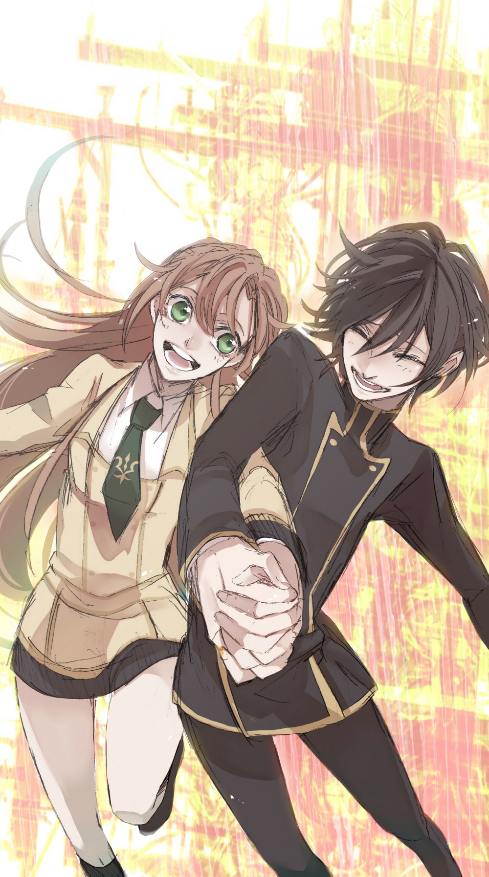 miyu (pixiv149573), yumitosi, lelouch vi britannia, shirley fenette, code geass, bad id, bad pixiv id, highres, 00s, brown hair, closed eyes, green eyes, happy, holding hands, long hair, school uniform, short hair