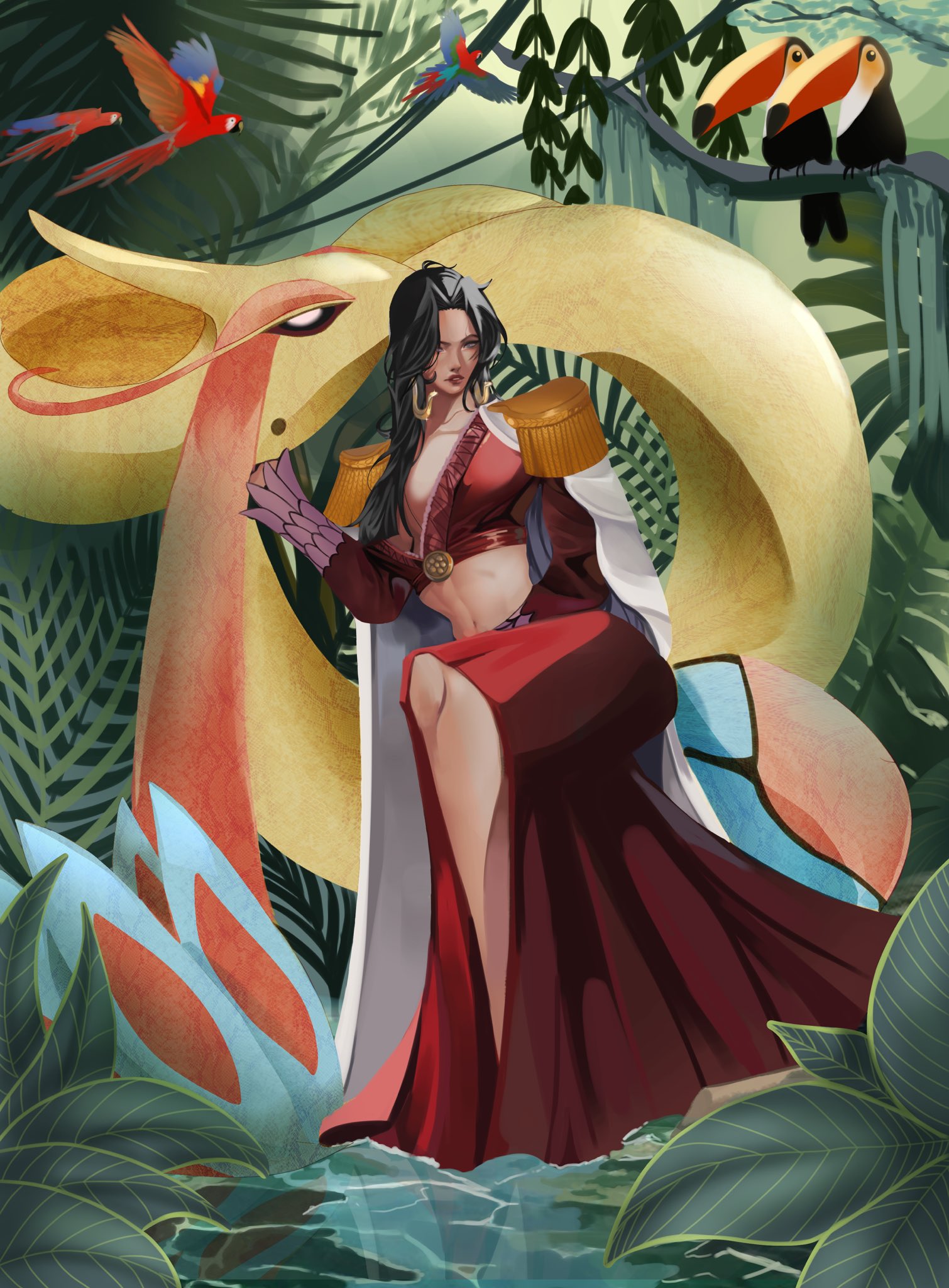basic0lly, boa hancock, milotic, nintendo, one piece, pokemon, commentary, english commentary, highres, 1girl, abs, bird, black hair, cape, crop top, earrings, epaulettes, full body, gen 3 pokemon, jewelry, long hair, long sleeves, parrot, red shirt, shirt, sitting, snake earrings, toucan, white cape