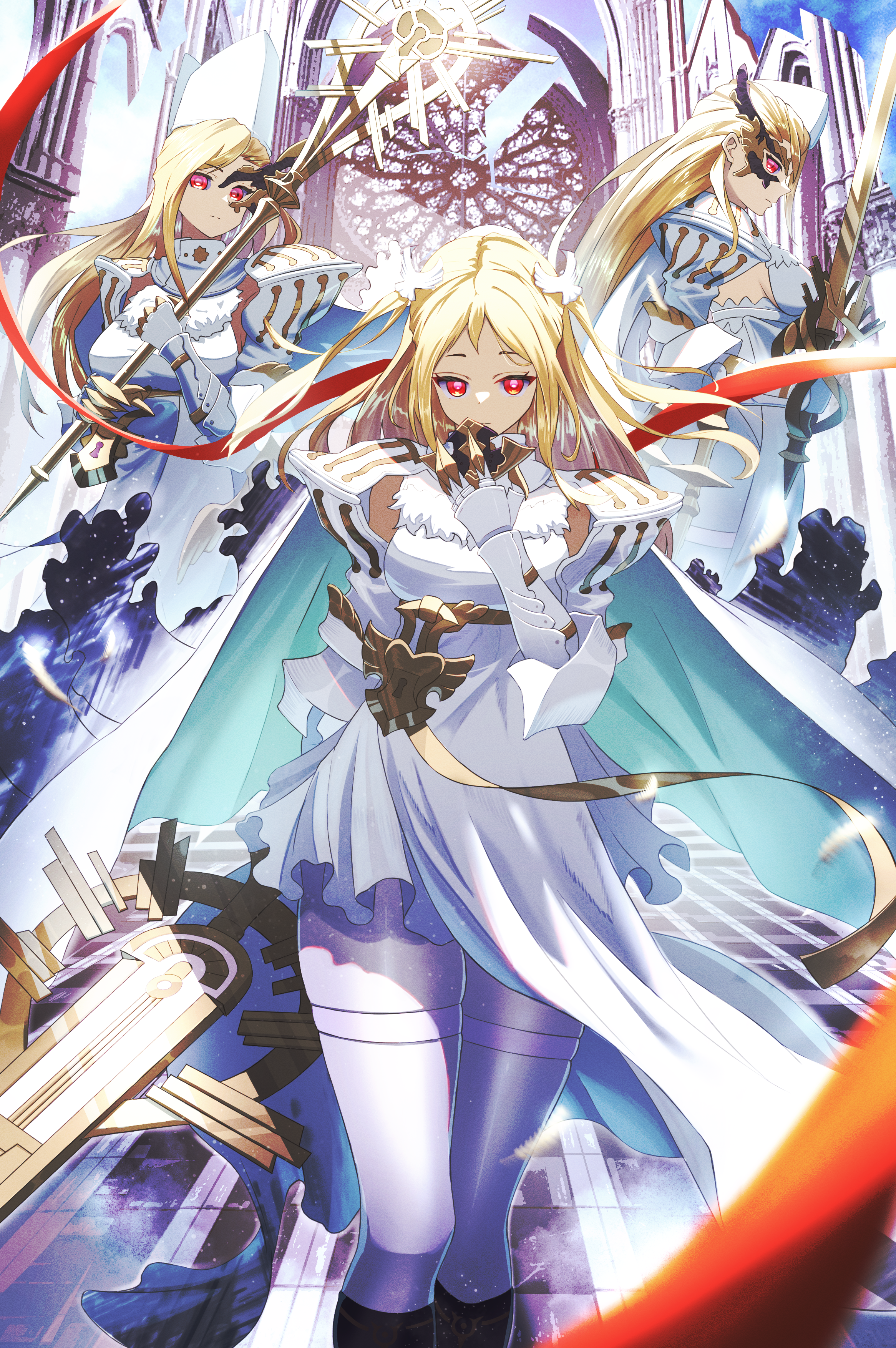 eiryu33, final fantasy, final fantasy brave exvius, war of the visions: final fantasy brave exvius, absurdres, commentary request, highres, 3girls, blonde hair, breasts, dress, feet out of frame, gauntlets, gold ribbon, holding, holding staff, holding sword, holding weapon, juliet sleeves, long sleeves, looking at viewer, medium breasts, multiple girls, outdoors, pantyhose, puffy sleeves, red eyes, red ribbon, ribbon, staff, sword, weapon, white dress, white pantyhose