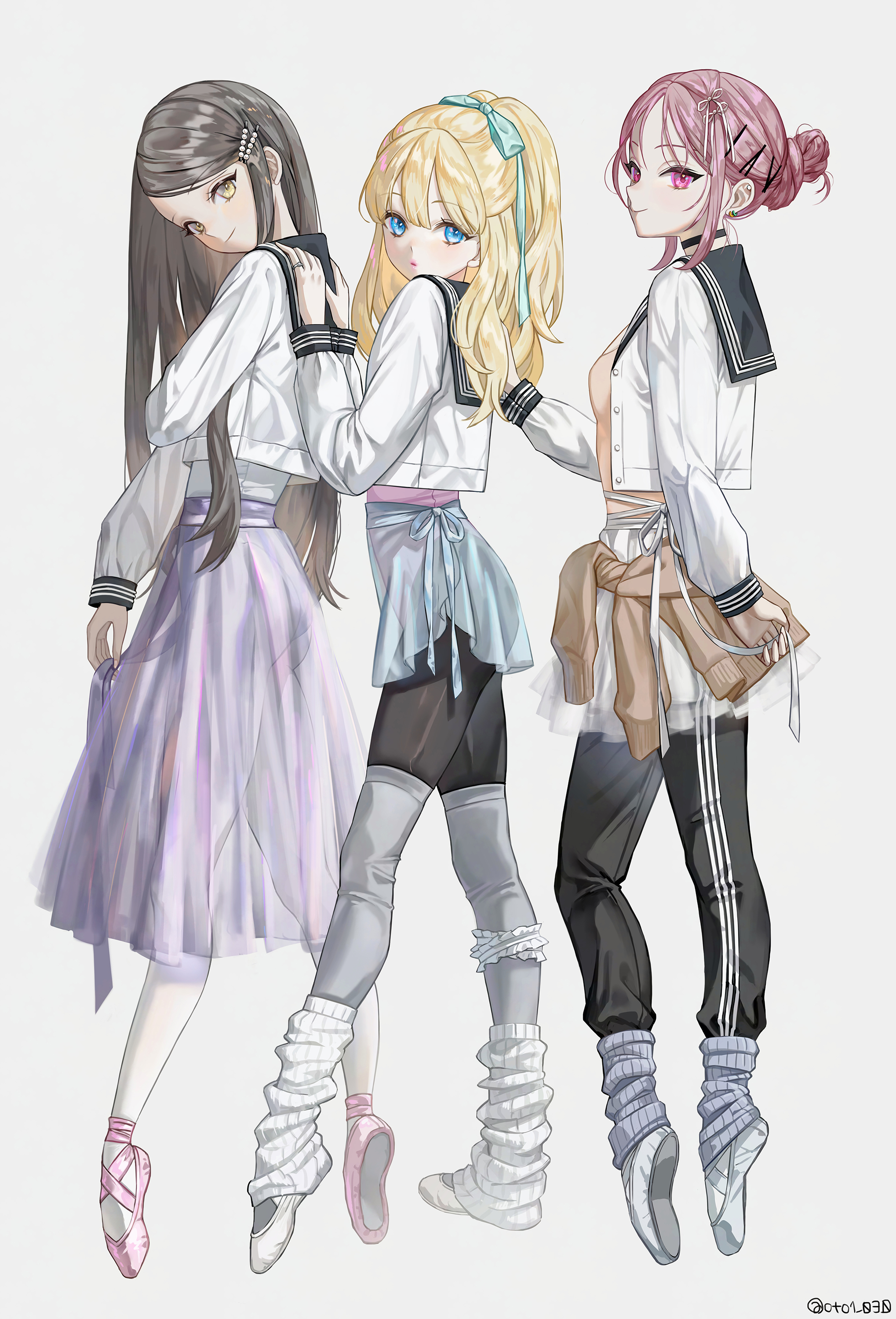 oto1 030, original, absurdres, commentary, highres, symbol-only commentary, 3girls, aqua ribbon, arm at side, ballet slippers, balletcore, black choker, black pants, black pantyhose, black sailor collar, blonde hair, blue eyes, blue sailor collar, blush, bow, breasts, brown cardigan, brown eyes, brown hair, cardigan, cardigan around waist, center-flap bangs, choker, closed mouth, clothes around waist, double-parted bangs, from side, full body, grey leg warmers, grey skirt, grey thighhighs, gyaru, hair bow, hair bun, hair ornament, hair ribbon, hairclip, half updo, hand on another's back, hands on another's back, jewelry, kogal, leg warmers, leotard, leotard under clothes, lipstick, long hair, long skirt, long sleeves, looking at viewer, looking to the side, makeup, miniskirt, multiple girls, open clothes, open shirt, pants, pants under skirt, pantyhose, pink eyes, pink hair, ponytail, pursed lips, ribbon, sailor collar, sailor shirt, school uniform, see-through clothes, see-through skirt, shirt, simple background, single hair bun, skirt, small breasts, smile, standing, straight hair, thighhighs, thighhighs over pantyhose, tiptoes, track pants, turning head, unbuttoned, white background, white leg warmers, white shirt, white skirt, yellow eyes