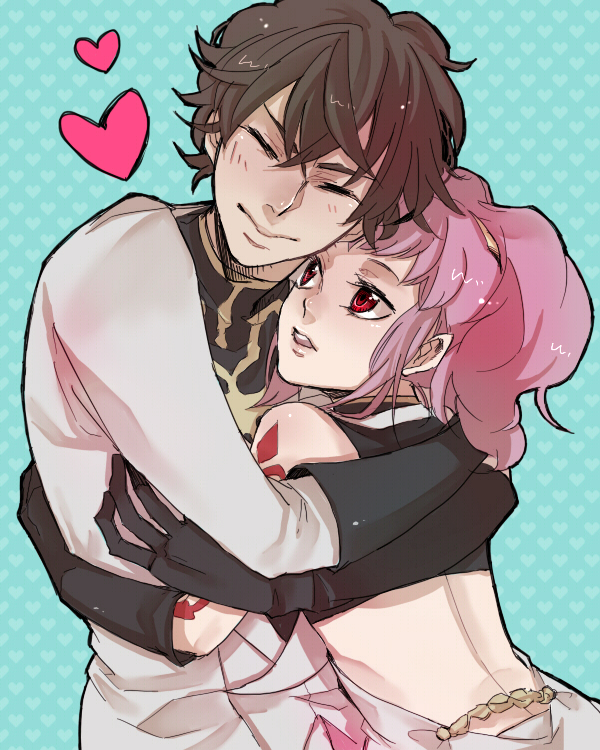 miyu (pixiv149573), yumitosi, anya alstreim, kururugi suzaku, code geass, bad id, bad pixiv id, 00s, 1boy, 1girl, back, brown hair, closed eyes, gloves, heart, hetero, hug, long hair, pink hair, red eyes, short hair, smile, upper body