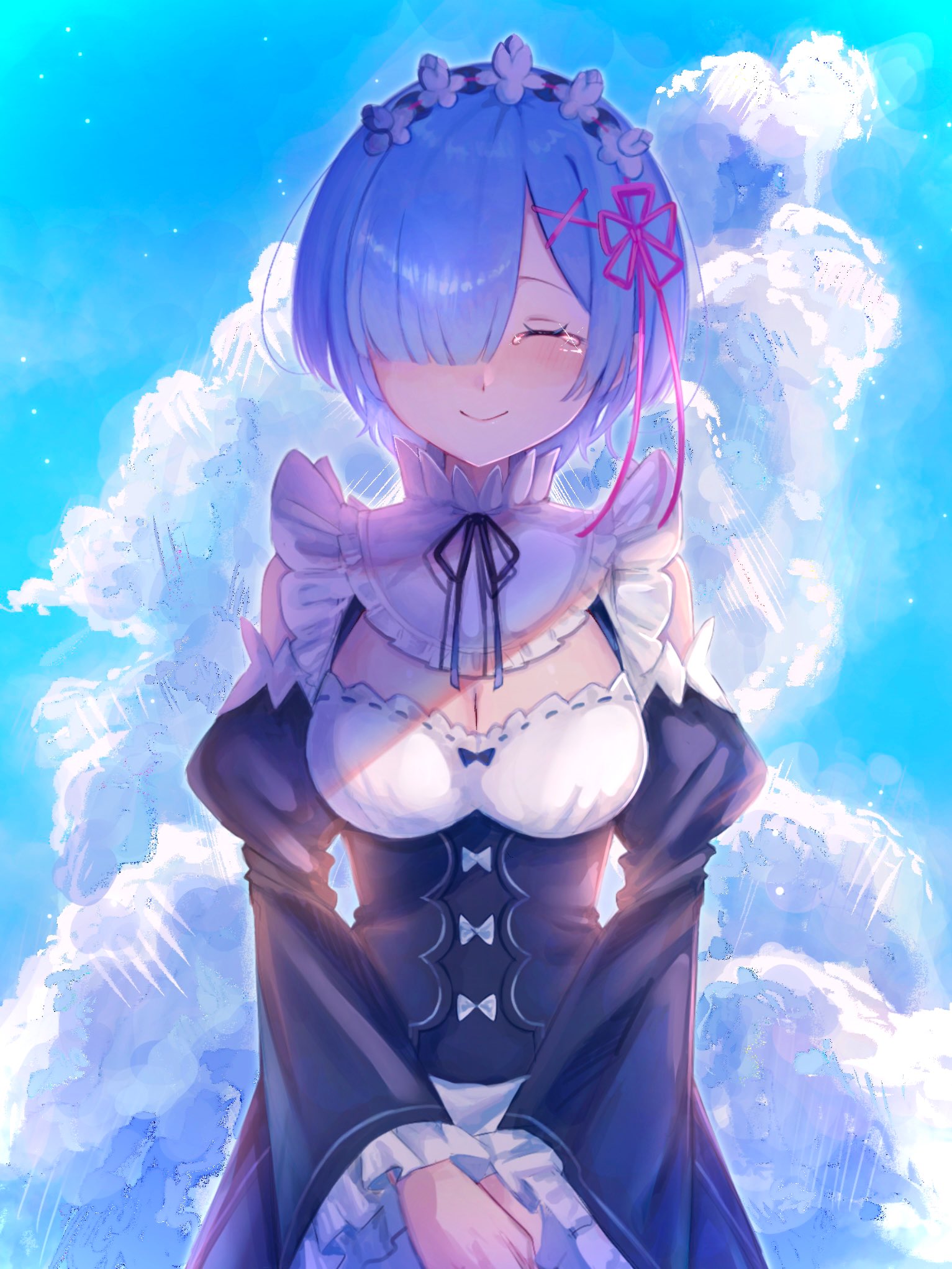 rem (re:zero), re:zero kara hajimeru isekai seikatsu, highres, 1girl, apron, black dress, black ribbon, black sleeves, blue hair, blue sky, blush, bow, breasts, cleavage, closed eyes, closed mouth, cloud, cowboy shot, crying, day, detached sleeves, dress, facing viewer, flower knot, frilled sleeves, frills, hair ornament, hair over one eye, hair ribbon, head wreath, long sleeves, maid, maid headdress, medium breasts, neck ribbon, nesigita rezero, outdoors, own hands together, pink ribbon, ribbon, roswaal mansion maid uniform, short hair, sky, smile, solo, standing, tears, underbust, white bow, x hair ornament
