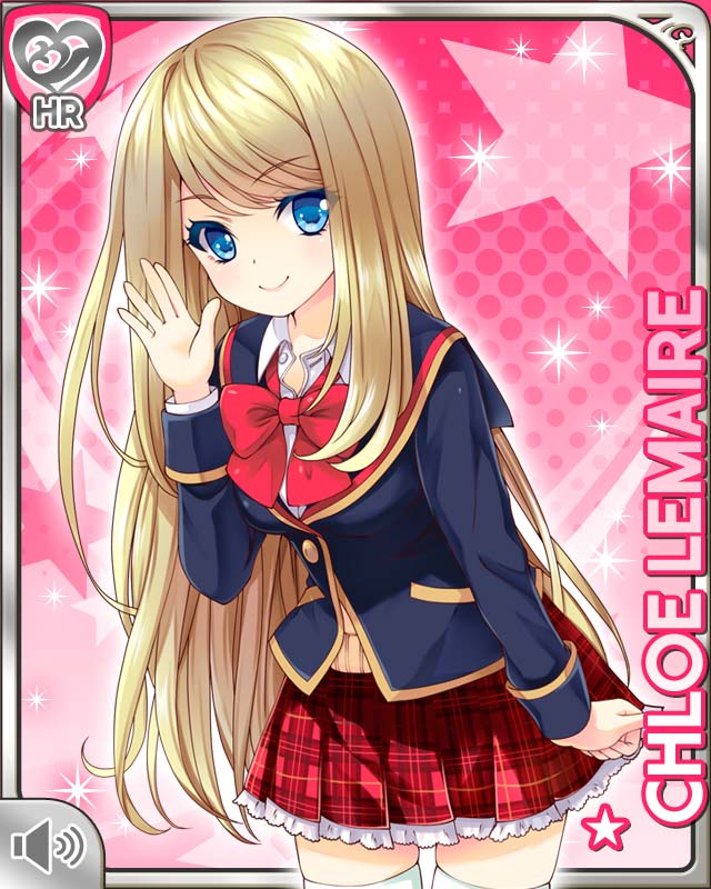 qp:flapper, chloe lemaire, girlfriend (kari), official art, 1girl, blonde hair, blue eyes, bow, bowtie, card (medium), character name, jacket, loafers, long hair, looking at viewer, miniskirt, notebook, pen, plaid clothes, plaid skirt, pleated skirt, red bow, red bowtie, red skirt, school uniform, shirt, shoes, skirt, smile, socks, solo, standing, thighhighs, thighs, white shirt, white socks, white thighhighs, zettai ryouiki