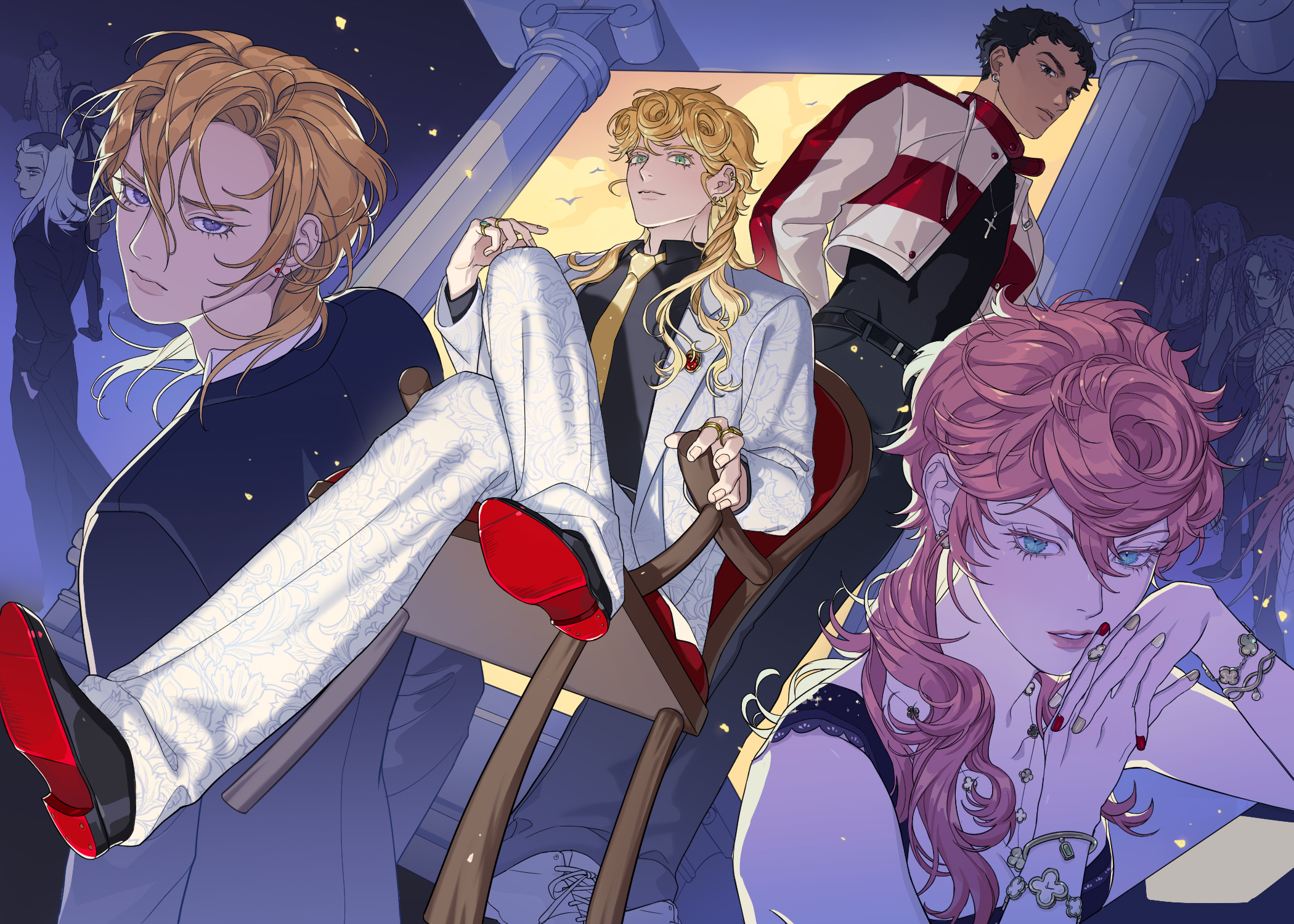 moonnacorn, bruno bucciarati, diavolo, giorno giovanna, guido mista, leone abbacchio, narancia ghirga, pannacotta fugo, trish una, jojo no kimyou na bouken, vento aureo, highres, 1girl, blonde hair, crossed legs, formal clothes, jacket, jewelry, long hair, mafia, multiple boys, necktie, open clothes, open jacket, pink hair, sitting, suit, victory rolls
