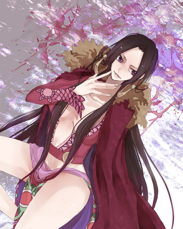 miyu (pixiv149573), yumitosi, boa hancock, one piece, bad id, bad pixiv id, 1girl, amazon lily, amazon warrior, brown hair, earrings, female focus, jewelry, long hair, long skirt, print skirt, purple eyes, skirt, solo