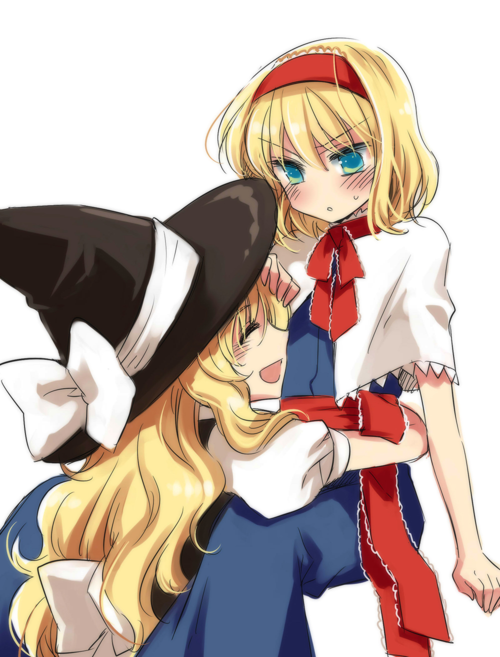 manle, alice margatroid, kirisame marisa, touhou, bad id, bad pixiv id, highres, 2girls, blonde hair, blue eyes, female focus, hairband, hat, hug, long hair, multiple girls, short hair, tsundere, witch, witch hat