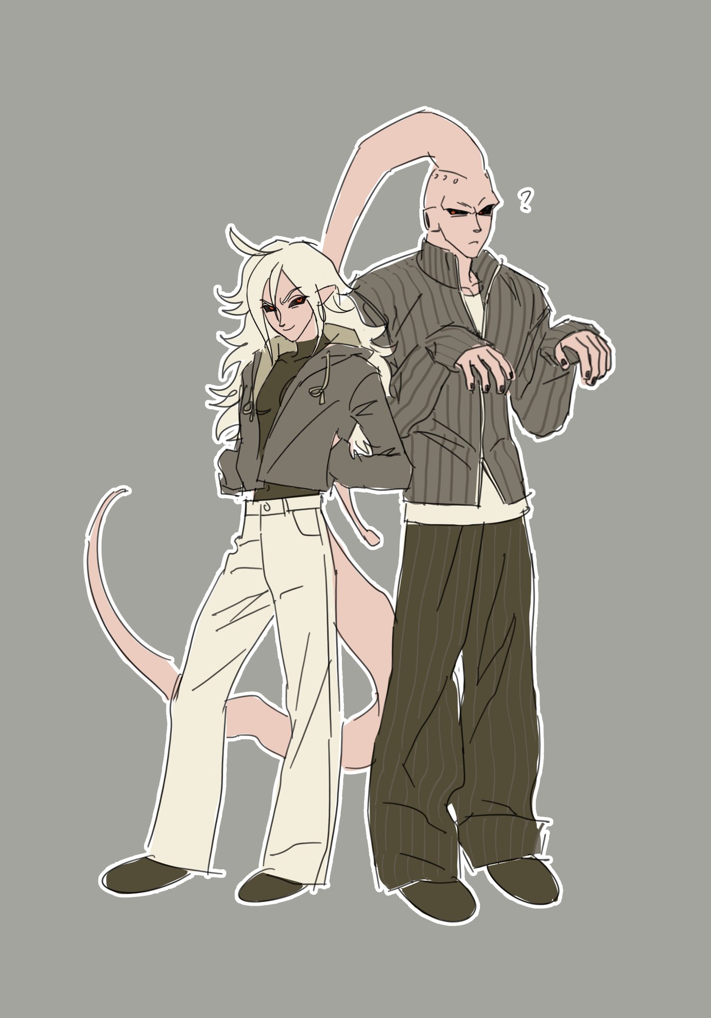 linisthename, android 21, majin android 21, majin buu, super buu, dragon ball, 1boy, 1girl, alternate costume, breasts, full body, hands in pockets, jacket, long hair, long sleeves, pants, red eyes, tail, white hair