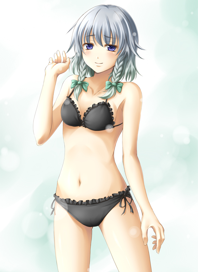 mochi.f, izayoi sakuya, touhou, silver hair, bad id, bad pixiv id, 1girl, blue eyes, bra, braid, female focus, lingerie, panties, solo, twin braids, underwear, underwear only