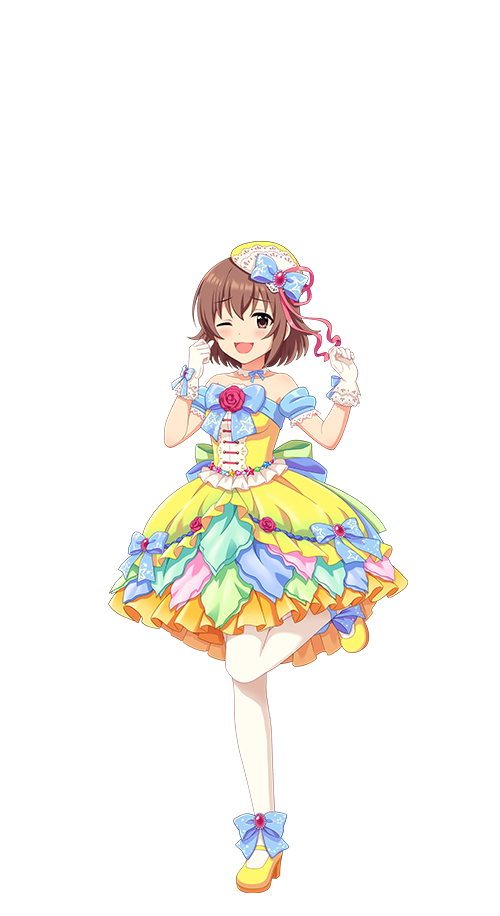 kita hinako, idolmaster, idolmaster cinderella girls, idolmaster cinderella girls starlight stage, official art, 1girl, bow, brown eyes, brown hair, dress, full body, gloves, hat, idol clothes, mini hat, one eye closed, one leg raised, open mouth, pantyhose, solo, transparent background