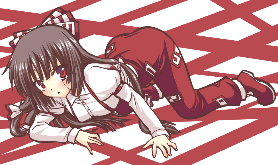 saki chisuzu, fujiwara no mokou, touhou, 1girl, all fours, blush, bow, brown hair, dress shirt, female focus, full body, hair bow, hair ribbon, long hair, multiple hair bows, red eyes, ribbon, shirt, solo, tears, white background