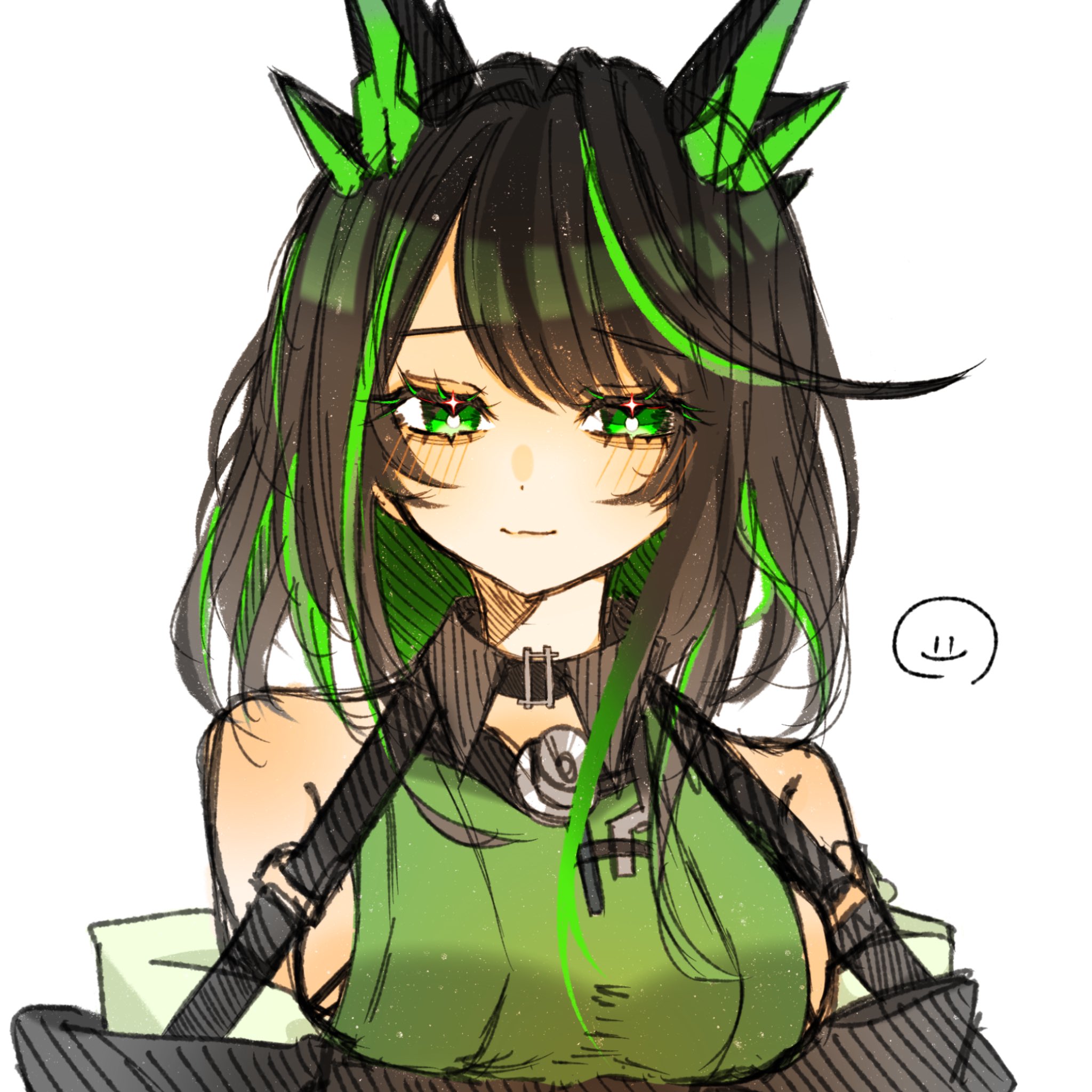 mon3tr (arknights), arknights, commentary, highres, 1girl, bare shoulders, black hair, blush, breasts, bright pupils, closed mouth, colored inner hair, emoji, eyes visible through hair, green eyes, green hair, hatching (texture), kaname (o831 umai), light smile, linear hatching, looking at viewer, medium breasts, medium hair, multicolored hair, portrait, simple background, sketch, solo, white background, white pupils