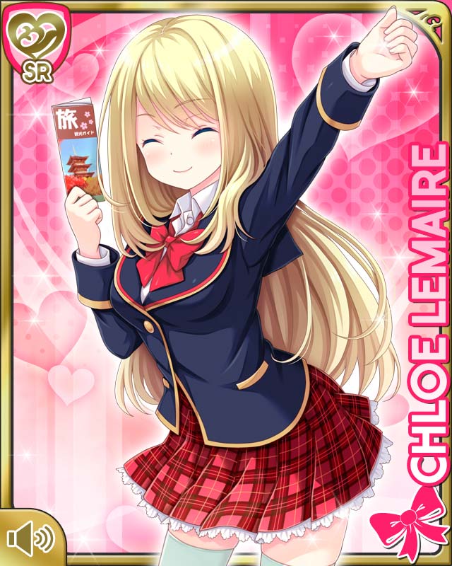 qp:flapper, chloe lemaire, girlfriend (kari), official art, 1girl, blonde hair, blue eyes, bow, bowtie, card (medium), character name, jacket, loafers, long hair, looking at viewer, miniskirt, notebook, pen, plaid clothes, plaid skirt, pleated skirt, red bow, red bowtie, red skirt, school uniform, shirt, shoes, skirt, smile, socks, solo, standing, thighhighs, thighs, white shirt, white socks, white thighhighs, zettai ryouiki