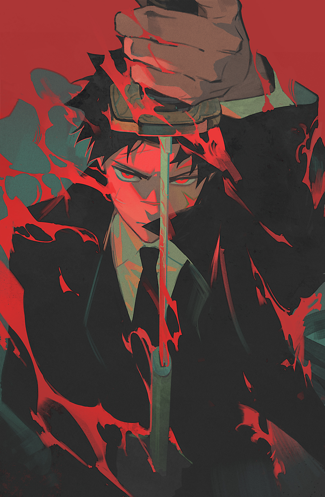 yunkai, rokuhira chihiro, kagurabachi, commentary, highres, 1boy, black coat, black hair, black necktie, burning, coat, collared shirt, dress shirt, enten (sword), fire, formal clothes, holding, holding sheath, holding sword, holding weapon, iaidou, looking at viewer, male focus, necktie, red background, red eyes, red theme, sheath, shirt, short hair, solo, spiked hair, straight-on, suit, sword, unsheathing, upper body, vest, waistcoat, weapon