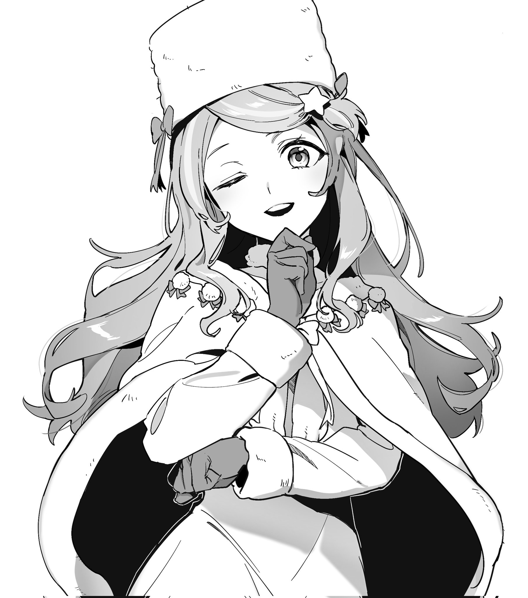 kkoo7, anastasia hoshin, re:zero kara hajimeru isekai seikatsu, highres, 1girl, black gloves, bow, cape, dress, fur hat, fur trim, gloves, greyscale, hair ornament, hand on own chin, hat, hat bow, head tilt, light smile, long hair, long sleeves, looking at viewer, monochrome, one eye closed, open mouth, pencil dress, simple background, smile, solo, star (symbol), star hair ornament, swept bangs, teeth, upper teeth only, ushanka, very long hair, white background, white cape, white dress