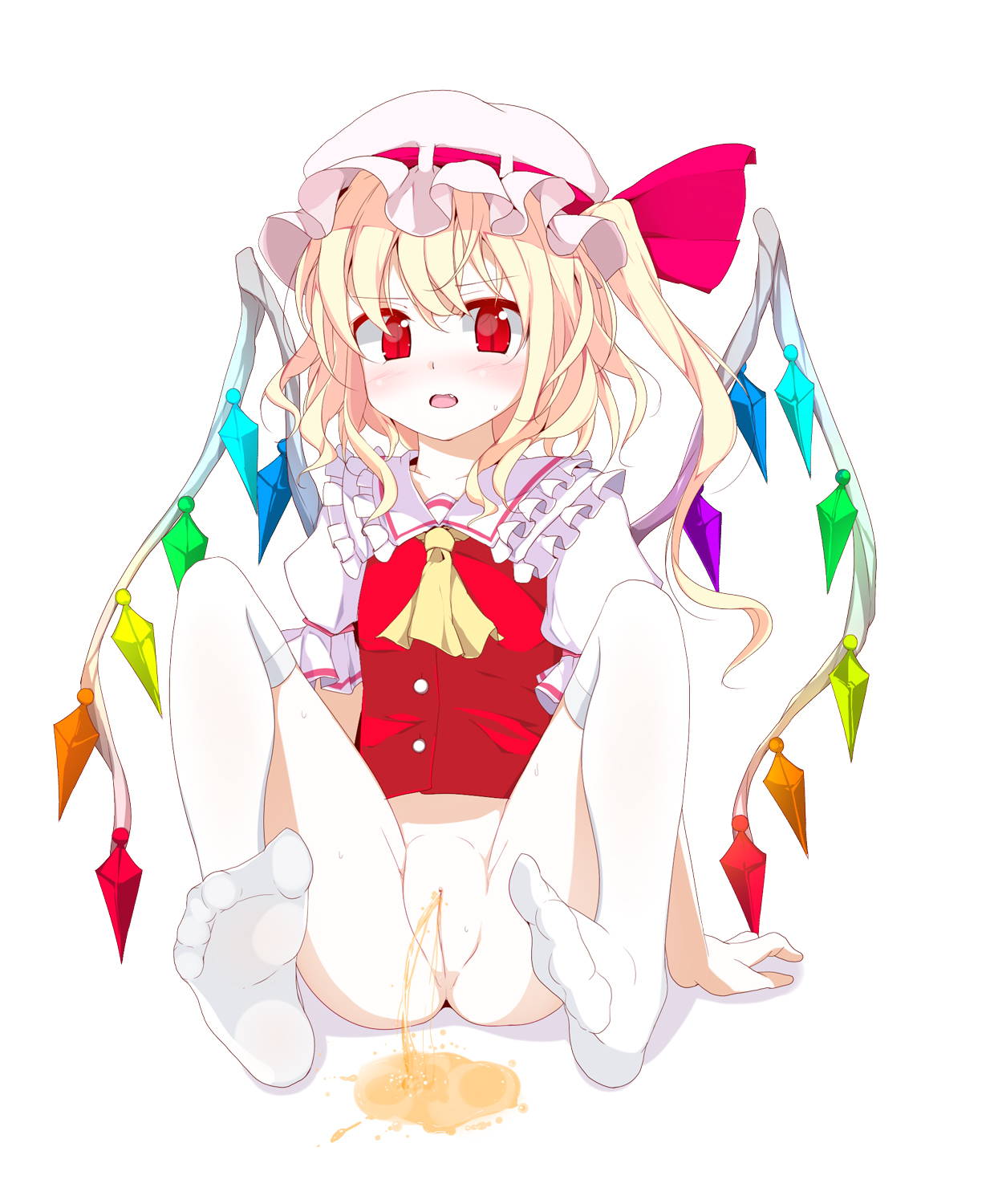 oouso, flandre scarlet, touhou, highres, 1girl, blonde hair, blush, bottomless, cleft of venus, fang, feet, female focus, foot focus, loli, open mouth, pee, peeing, pussy, red eyes, side ponytail, solo, thighhighs, uncensored, white thighhighs, wings