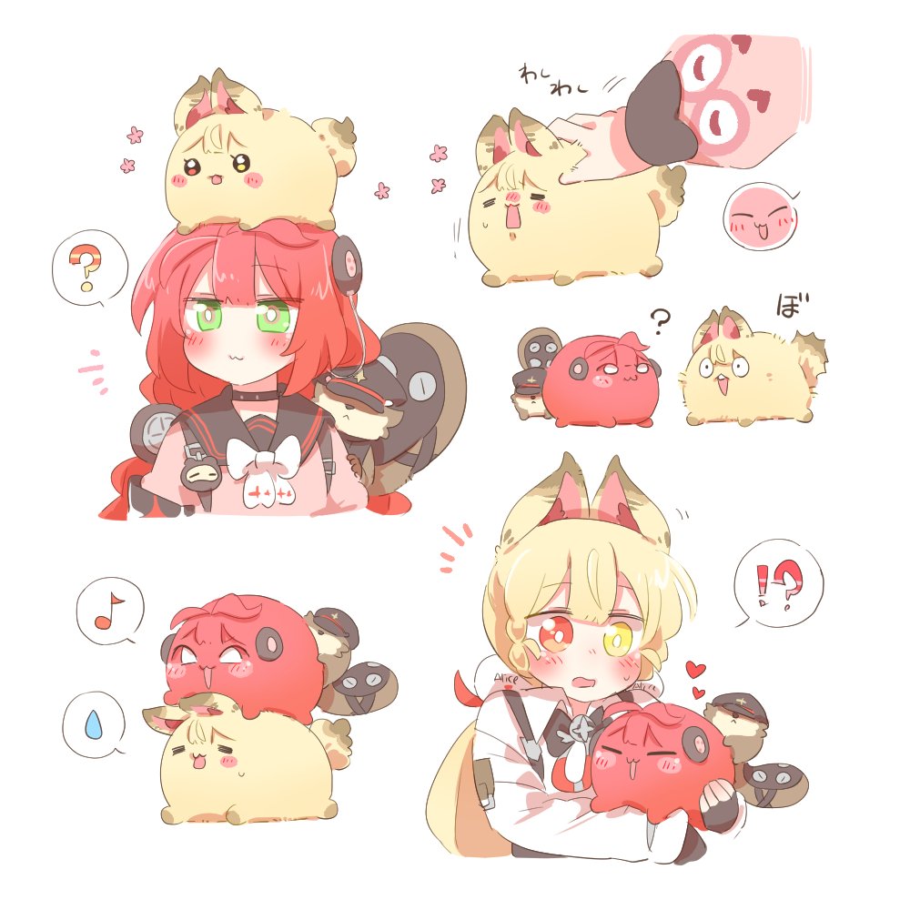 rebecca (keinelove), alice thymefield, kamanosuke (zenless zone zero), ukinami yuzuha, zenless zone zero, commentary request, !?, 2girls, ?, animal, animal ear fluff, animal ears, animal on back, animal on head, animalization, black sailor collar, blonde hair, blush, braid, braided twintails, bright pupils, cardigan, chest bow, closed mouth, cropped torso, floral print, green eyes, hair ornament, hearing aid, heart, heterochromia, holding, holding animal, long hair, looking at animal, motion lines, multiple girls, musical note, notice lines, on animal, on head, open mouth, petting, pink cardigan, rabbit, rabbit ears, rabbit girl, rabbit on head, raccoon, red eyes, red hair, sailor collar, simple background, sphere hair ornament, spoken expression, spoken musical note, spoken question mark, spoken sweatdrop, sweatdrop, tanuki, upper body, white background, white pupils, yellow eyes
