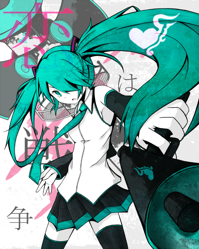 ligretto, hatsune miku, koi wa sensou (vocaloid), vocaloid, bad id, bad pixiv id, 1girl, aqua eyes, aqua hair, female focus, hair over one eye, long hair, megaphone, necktie, partially colored, skirt, solo, thighhighs, twintails, zettai ryouiki
