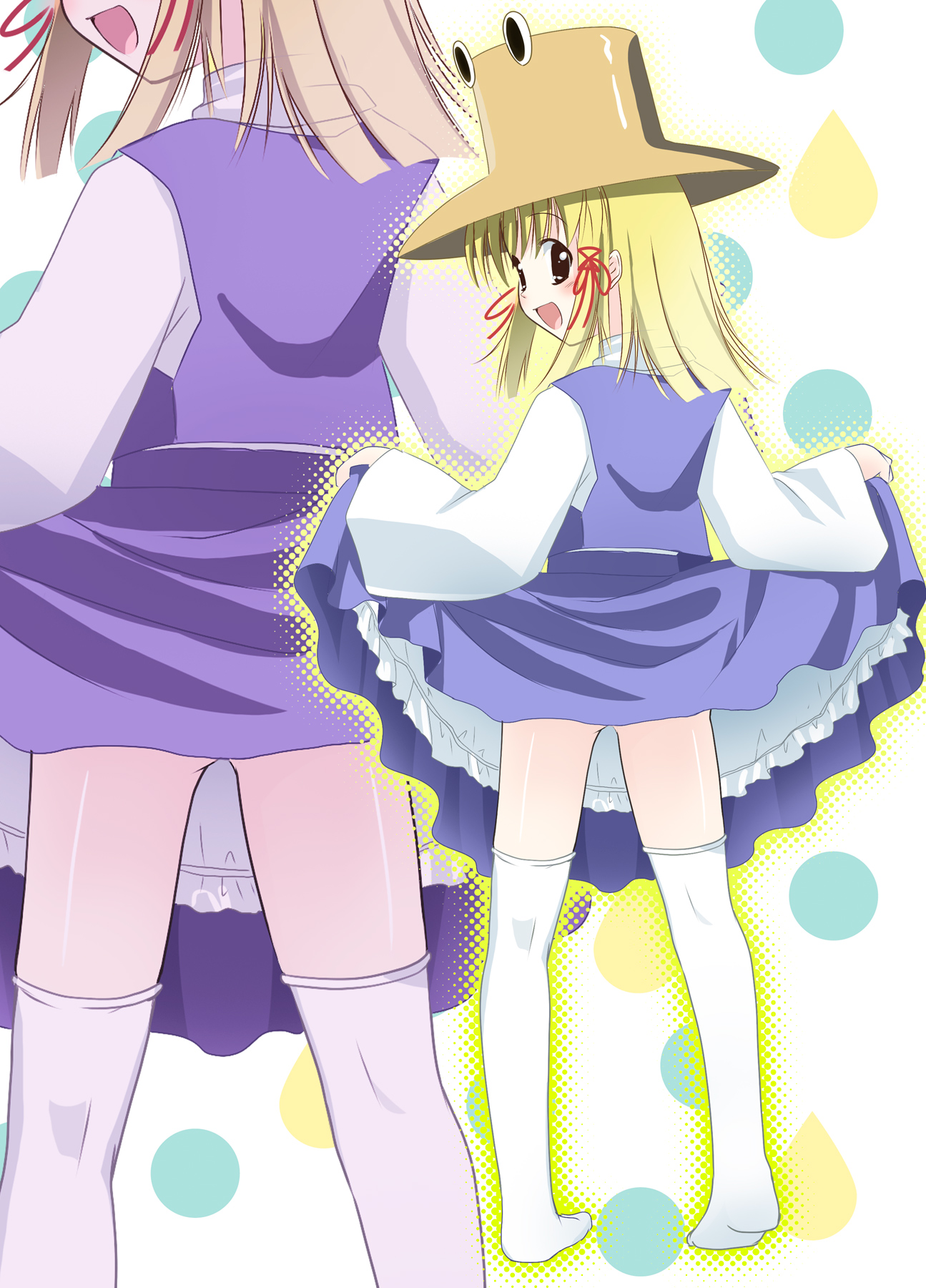 natsukawa sarasa, moriya suwako, touhou, bad id, bad pixiv id, highres, 1girl, :d, blonde hair, clothes lift, female focus, hat, kneehighs, looking back, open mouth, skirt, skirt lift, smile, socks, solo, thighhighs, zoom layer