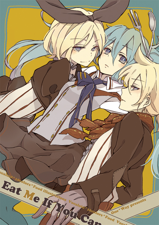 loo, hatsune miku, kagamine len, kagamine rin, vocaloid, bad id, bad pixiv id, aqua eyes, aqua hair, blonde hair, blue eyes, fork, formal clothes, gloves, hair ribbon, long hair, pantyhose, ribbon, short hair, siblings, skirt, smile, spoon, suit, twins, twintails