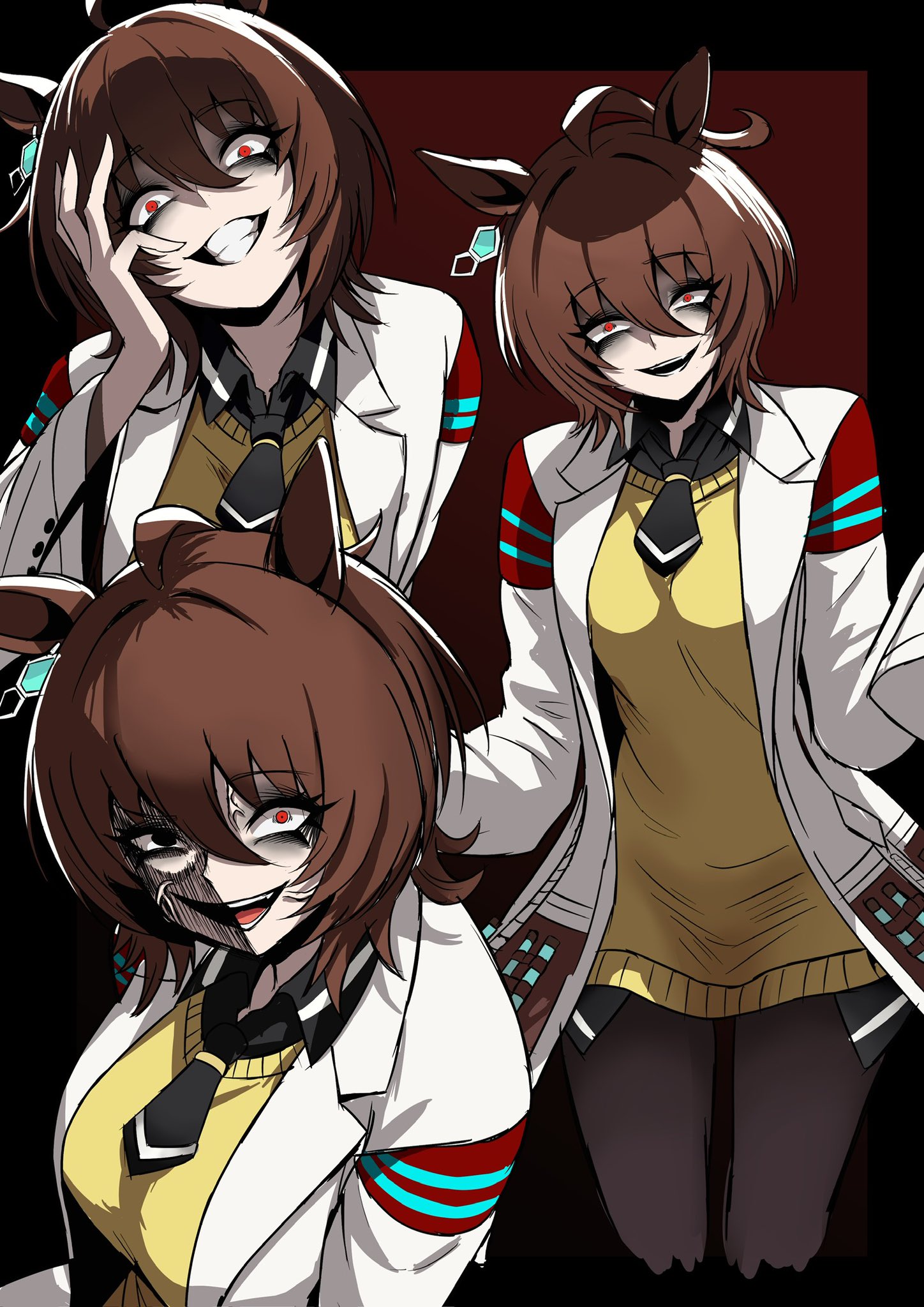 nagai negi, agnes tachyon (tach-nology) (umamusume), agnes tachyon (umamusume), umamusume, highres, 1girl, ahoge, animal ears, black pantyhose, breasts, brown hair, chemical structure, coat, cork, earrings, evil grin, evil smile, grin, hair between eyes, hand on own face, horse ears, horse girl, huge ahoge, jewelry, lab coat, long sleeves, medium hair, necktie, open mouth, pantyhose, red eyes, shaded face, short necktie, single earring, sleeves past fingers, sleeves past wrists, smile, sweater, sweater vest, teeth, test tube, white coat, yellow sweater, yellow sweater vest