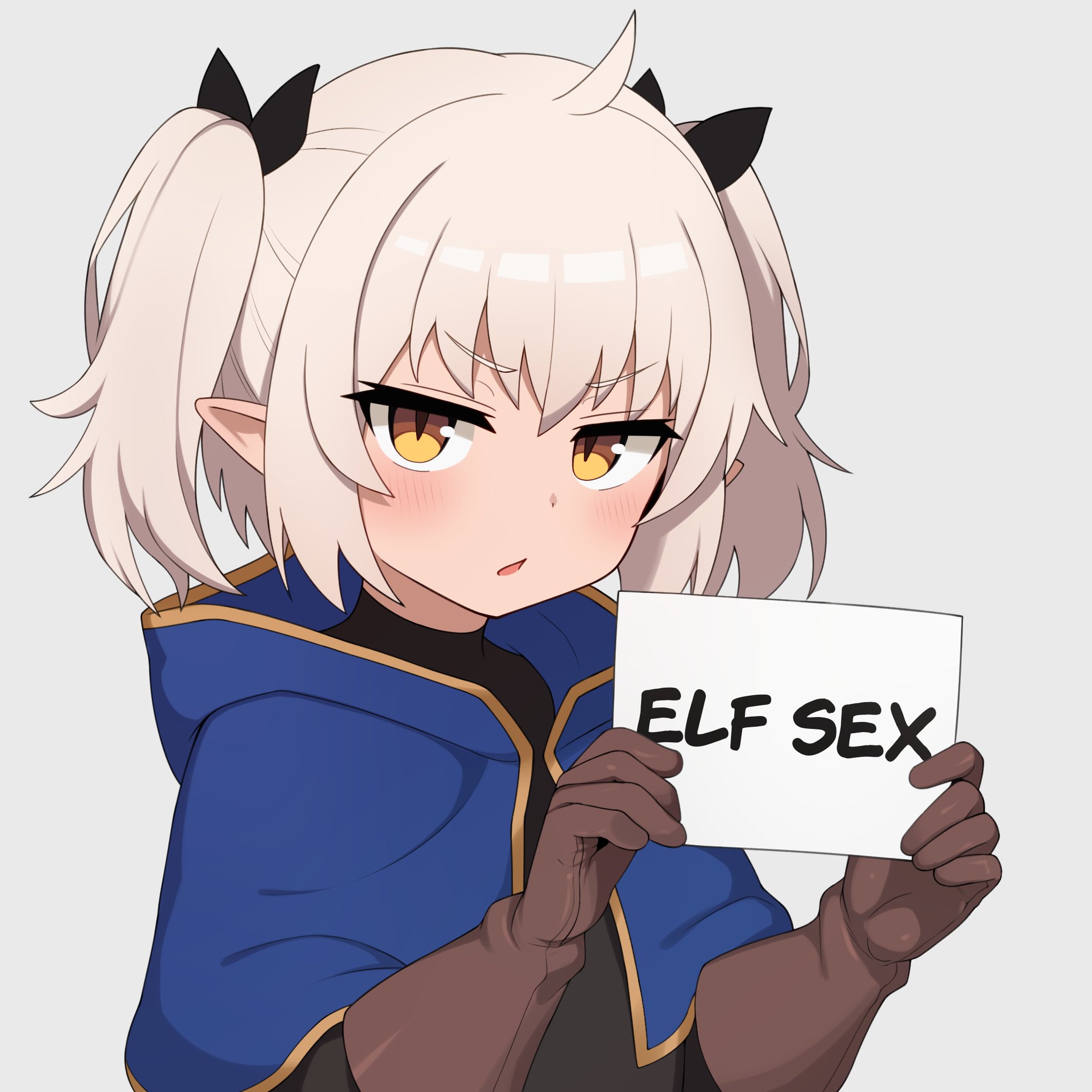 mikoscrub, kura-tan (mikoscrub), original, commentary, english commentary, highres, 1girl, black bow, blue capelet, bow, brown gloves, capelet, english text, gloves, hair bow, holding, holding sign, long sleeves, looking at viewer, parted lips, pointy ears, sign, simple background, solo, twintails, upper body, v-shaped eyebrows, white background, white hair, yellow eyes