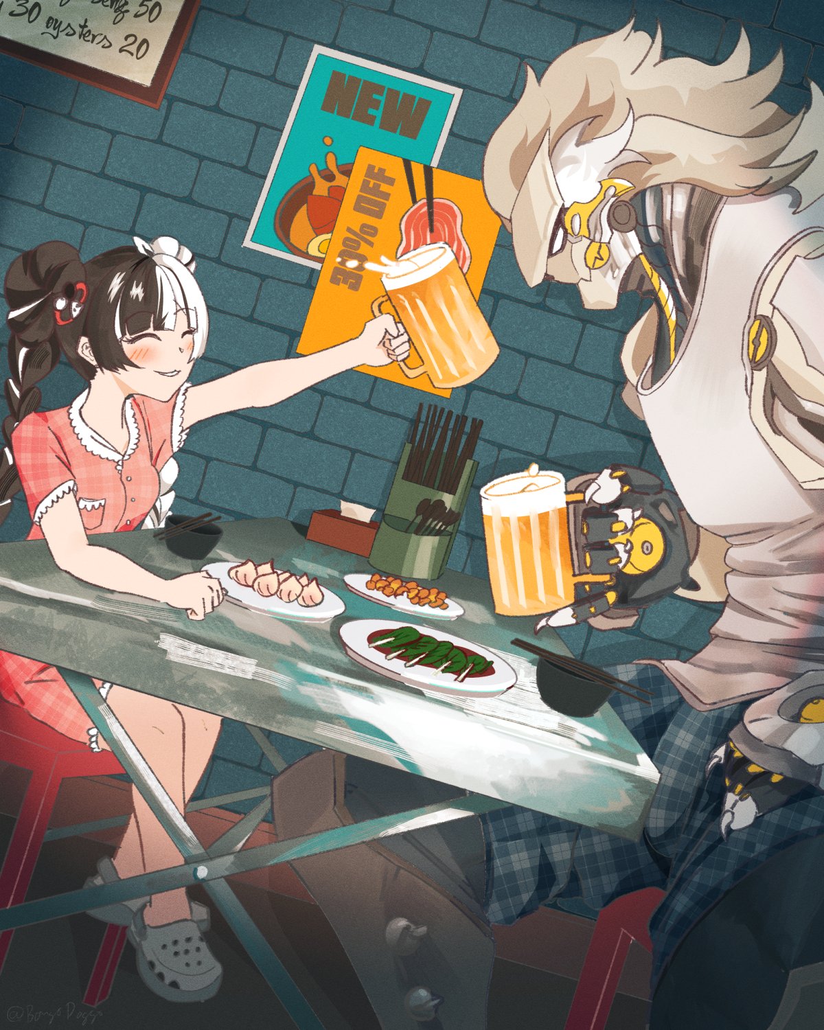 banyue (zenless zone zero), dialyn (zenless zone zero), zenless zone zero, commentary, english commentary, highres, 1boy, 1girl, alcohol, alternate costume, arm on table, arm rest, artificial eye, beer, black hair, blue shorts, blush, bongodoggo, bowl, braid, braided twintails, chair, chopsticks, claws, closed mouth, clothed robot, crocs, cup, cutlery, double bun, dress, drink, english text, food, from side, grey hair, hair bun, holding, holding cup, humanoid robot, long hair, mechanical eye, mechanical hands, metal skin, multicolored hair, on chair, outstretched arm, pink dress, plaid clothes, plaid dress, plaid shorts, plate, poster (object), robot, robot boy, shorts, sitting, split-color hair, spoon, table, tank top, white hair, white tank top
