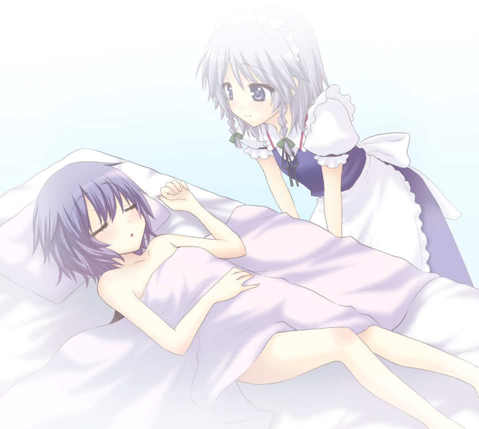saki chisuzu, izayoi sakuya, remilia scarlet, touhou, light purple hair, silver hair, 2girls, bed, bed sheet, blanket, blue eyes, braid, closed eyes, female focus, lying, multiple girls, naked sheet, nude, on back, short hair, sleeping, smile, twin braids, wings, yuri