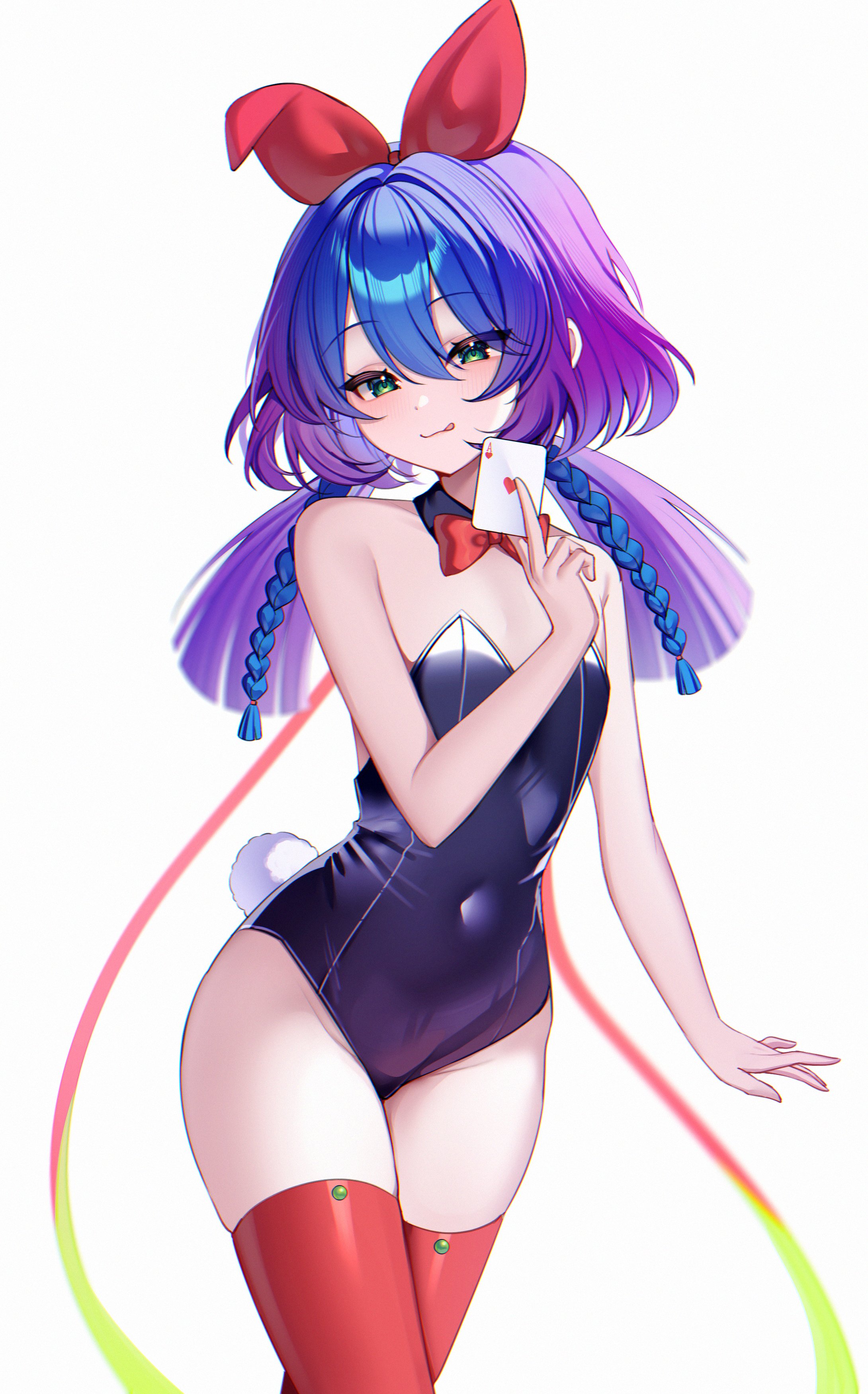 demcheg, absurdres, character request, commentary, copyright request, english commentary, highres, 1girl, ace (playing card), ace of hearts, black leotard, blue hair, bow, bowtie, braid, card, closed mouth, covered navel, cowboy shot, detached collar, double-parted bangs, fake tail, flat chest, gradient hair, green eyes, hair between eyes, hair bow, hand up, heart, holding, holding card, leotard, licking lips, long hair, looking at viewer, multicolored hair, petite, playing card, purple hair, rabbit tail, red bow, red bowtie, red thighhighs, smile, solo, strapless, strapless leotard, tail, thighhighs, tongue, tongue out, twin braids, white background