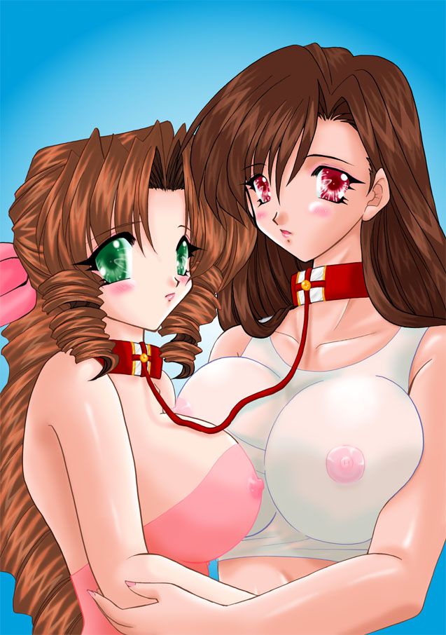aerith gainsborough, tifa lockhart, final fantasy, final fantasy vii, 1990s (style), 2girls, blush, breasts, brown hair, collar, covered erect nipples, green eyes, huge breasts, large breasts, linked collar, multiple girls, nipples, red eyes, see-through clothes